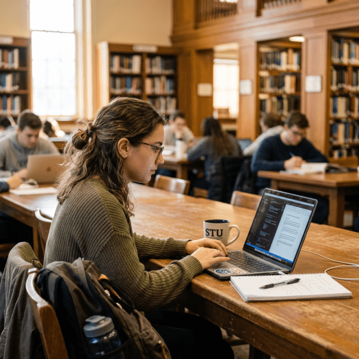 Student typing on laptop at wooden library table with notebook and coffee mug